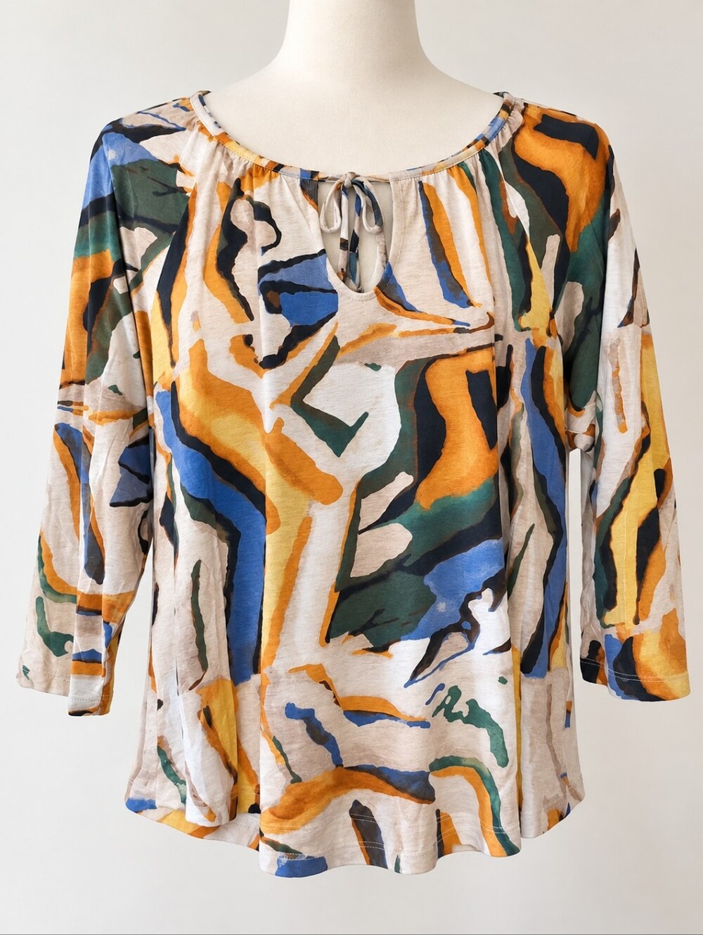 Tribal Abstract Print 3/4 Sleeve Tie Neck Top Multicolor L